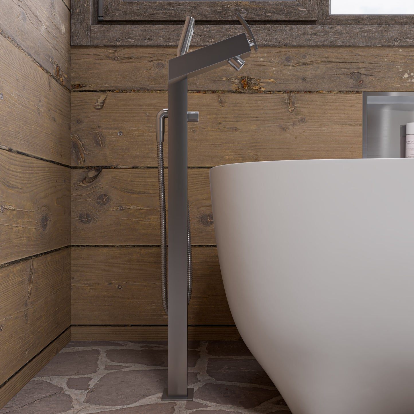 Brushed Nickel Floor Mounted Tub Filler + Mixer /w additional Hand Held Shower Head