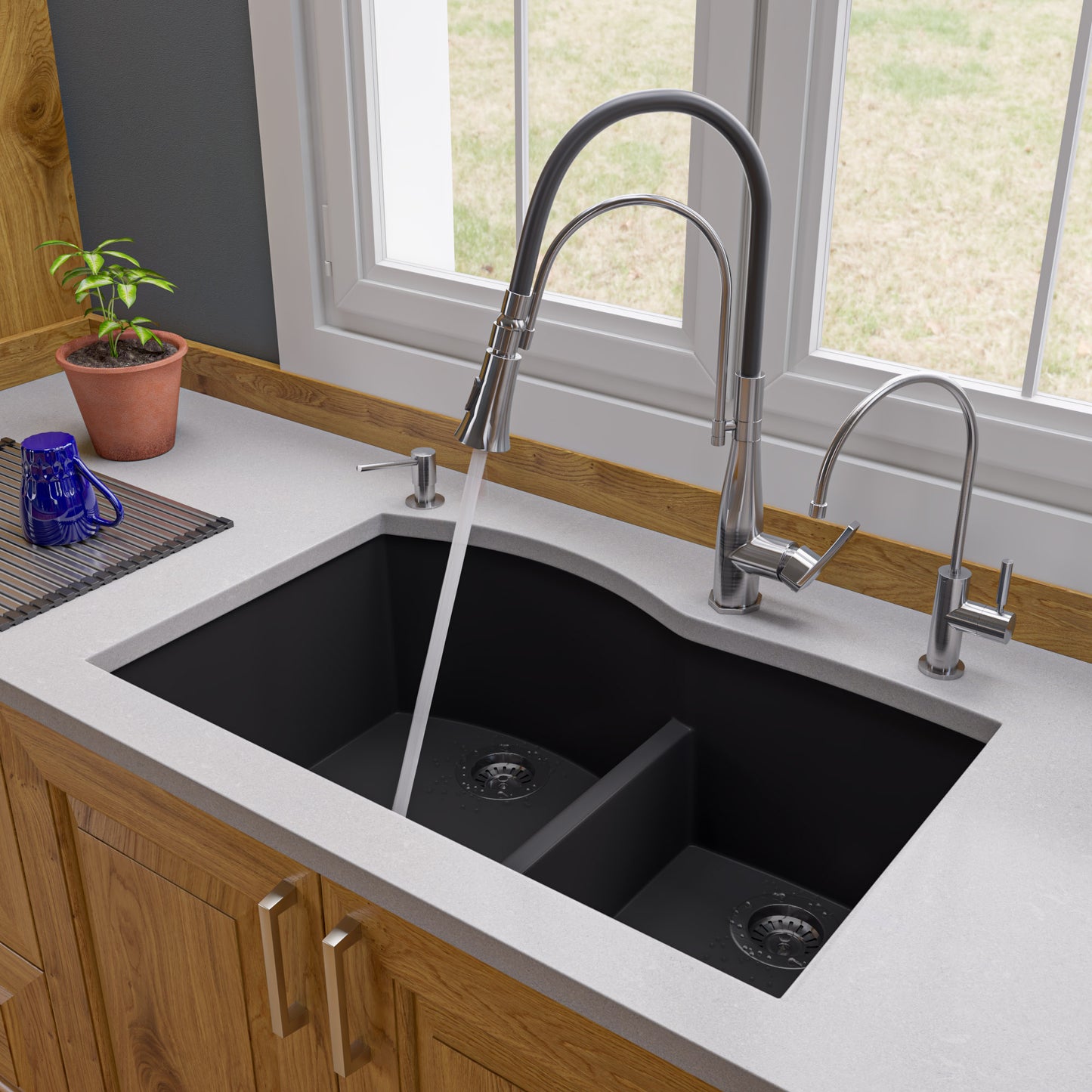 Black 33" Double Bowl Undermount Granite Composite Kitchen Sink