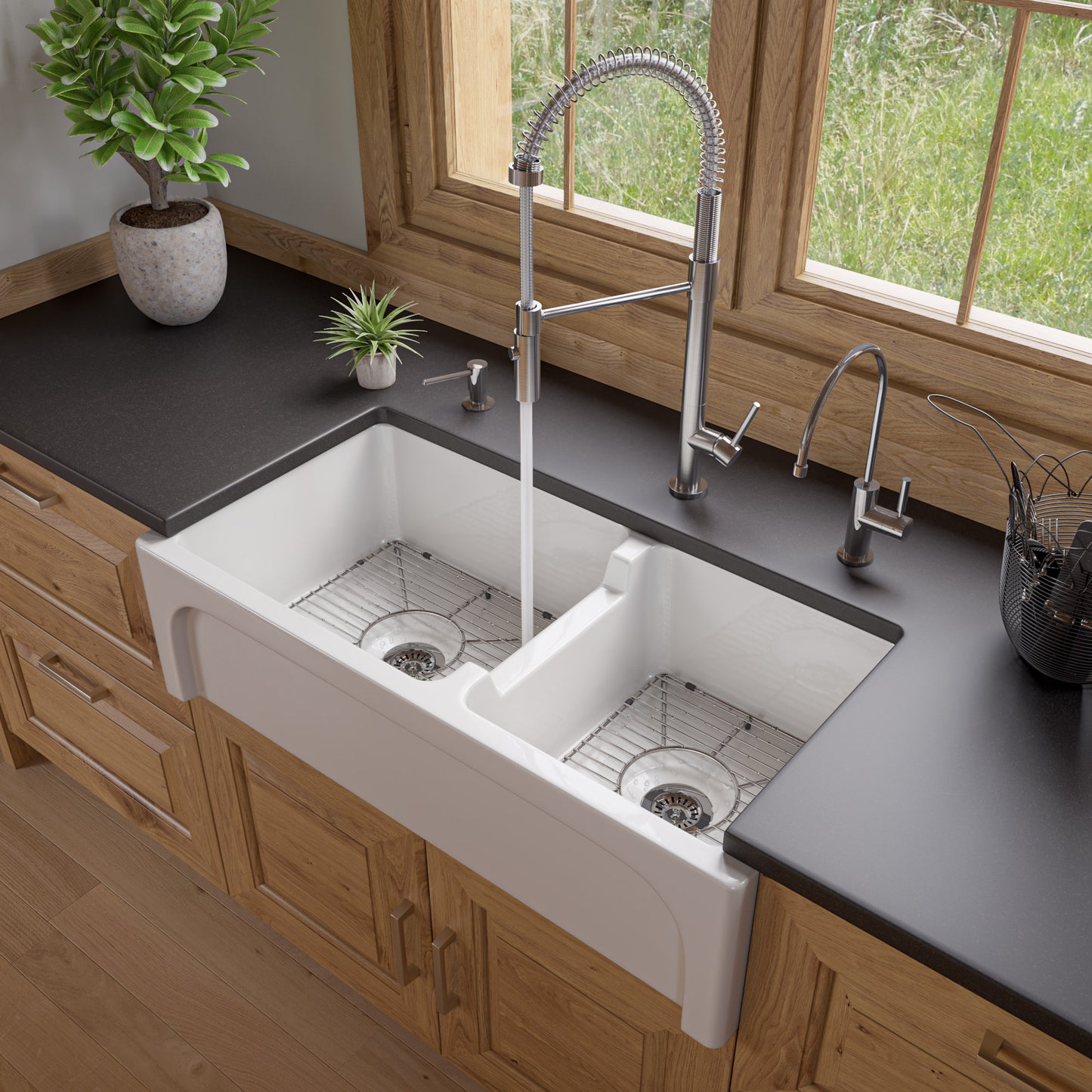 36" White Arched Apron Thick Wall Fireclay Double Bowl Farm Sink