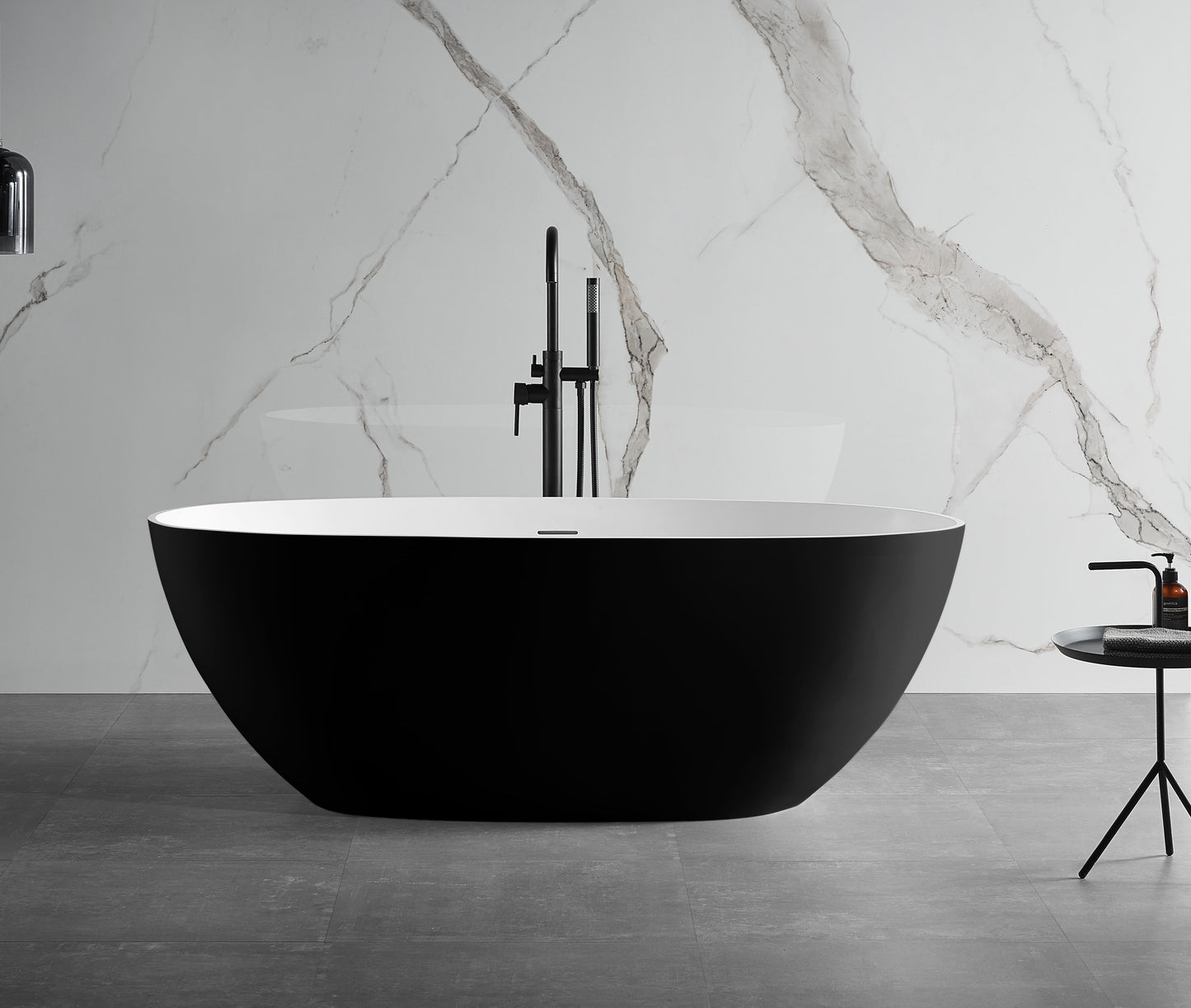 59" Black & White Matte Oval Solid Surface Resin Soaking Bathtub