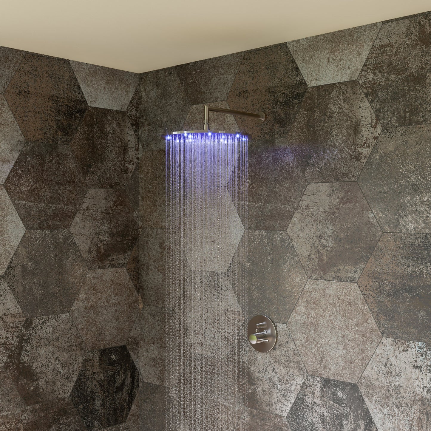 Brushed Nickel 16" Round Multi Color LED Rain Shower Head