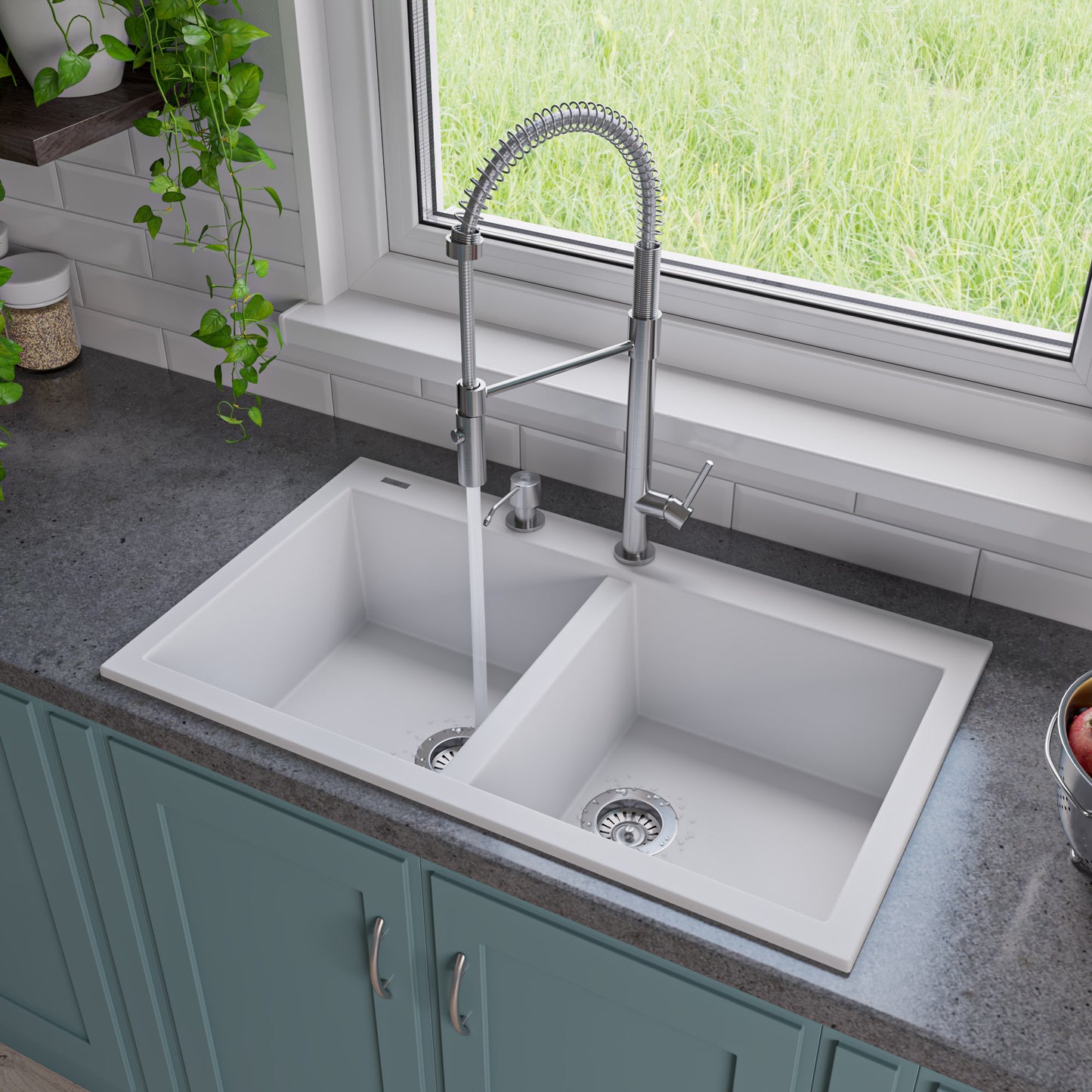 White 34" Drop-In Double Bowl Granite Composite Kitchen Sink