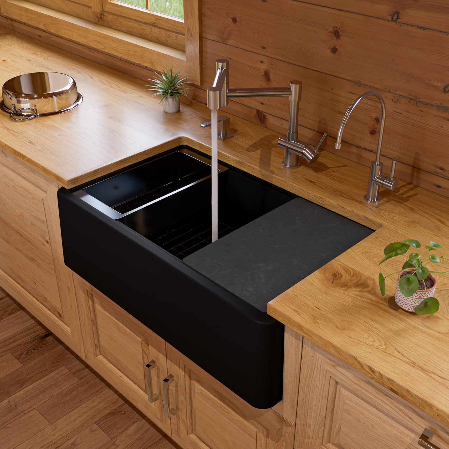 Black 33" Granite Composite Single Bowl Drop In Farm Sink with Accessories