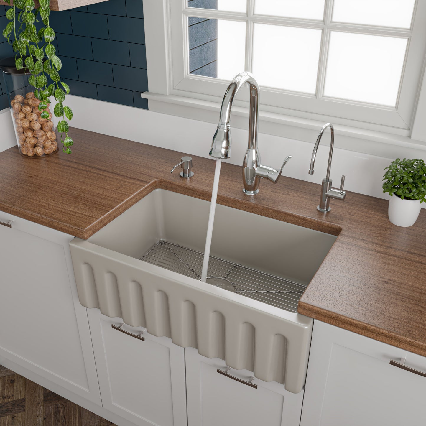 30 inch Biscuit Reversible Smooth / Fluted Single Bowl Fireclay Farm Sink