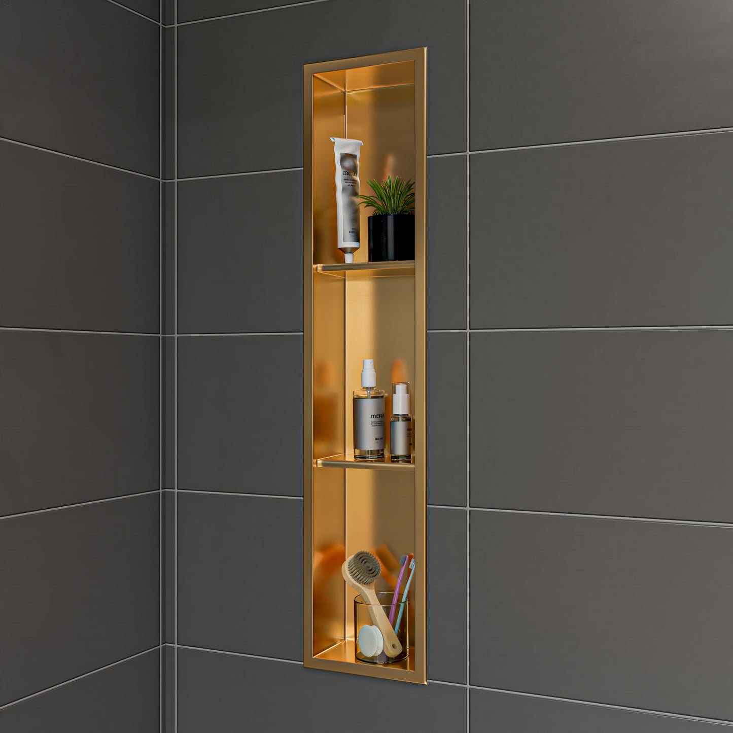 8" x 36" Brushed Gold PVD Stainless Steel Vertical Triple Shelf Shower Niche