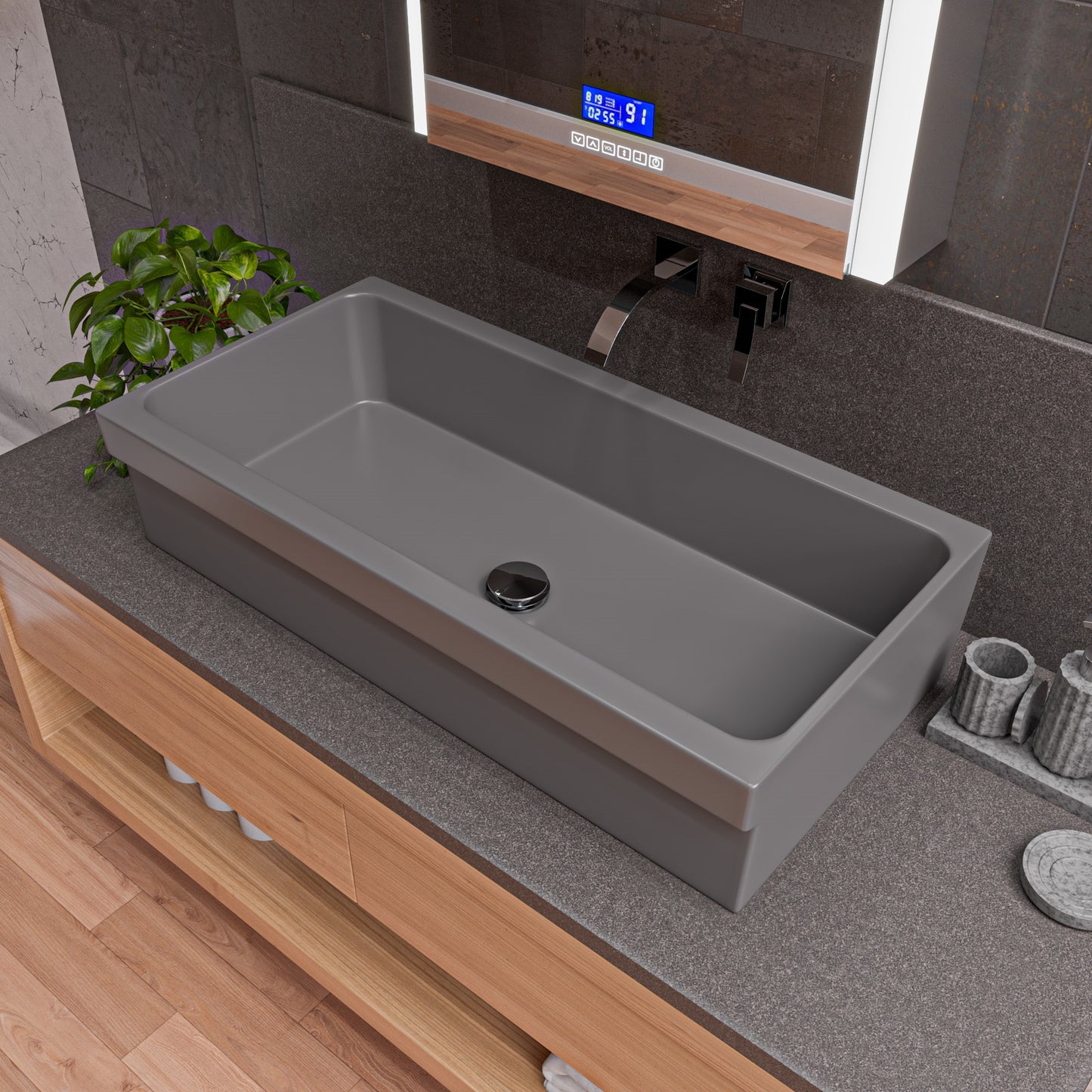 36" Grey Matte Above Mount Fireclay Bathroom Trough Sink
