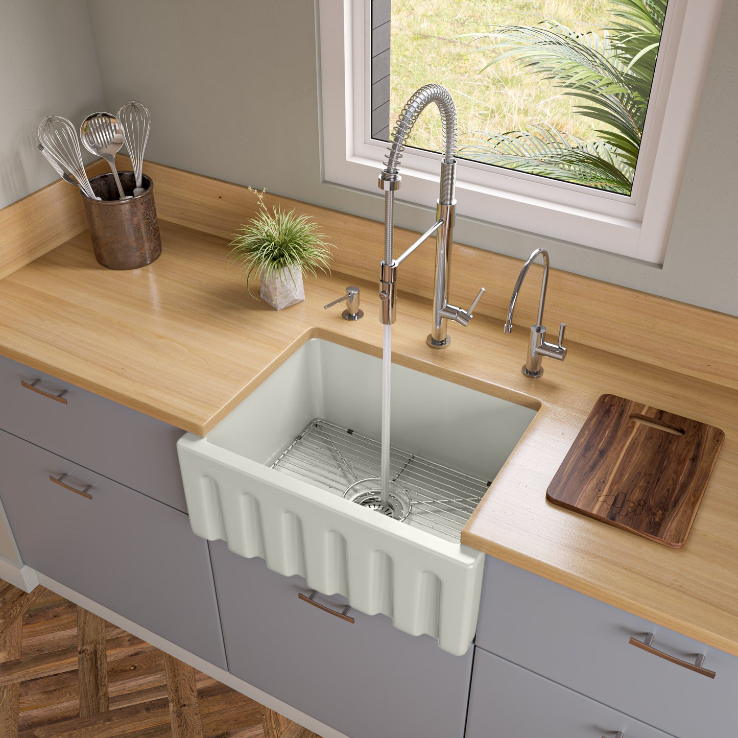 24 inch Biscuit Reversible Smooth / Fluted Single Bowl Fireclay Farm Sink
