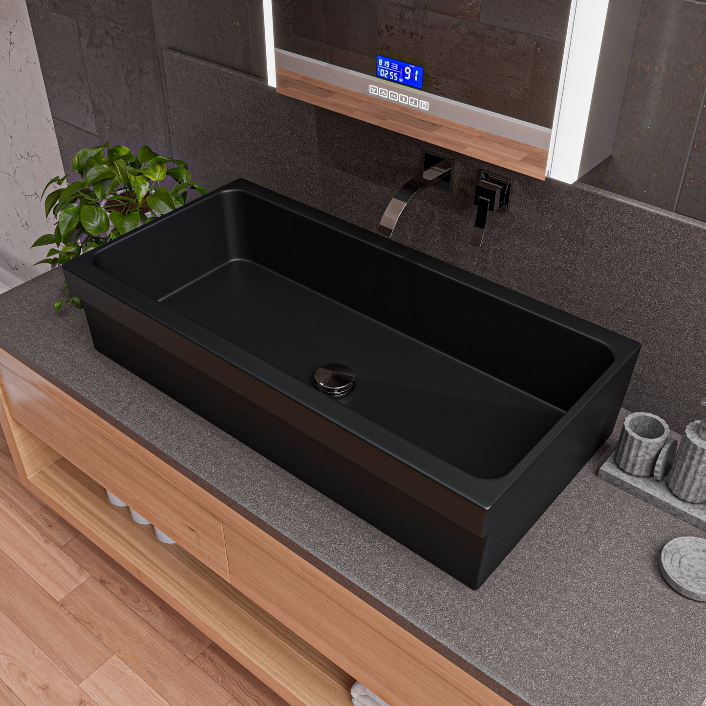 36" Black Matte Above Mount Fireclay Bathroom Trough Sink