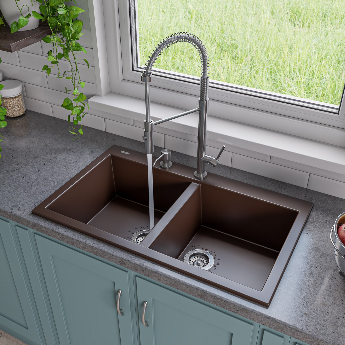 Chocolate 34" Drop-In Double Bowl Granite Composite Kitchen Sink