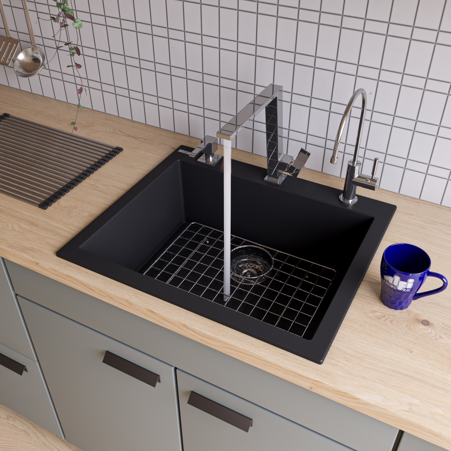 Black 24" Drop-In Single Bowl Granite Composite Kitchen Sink