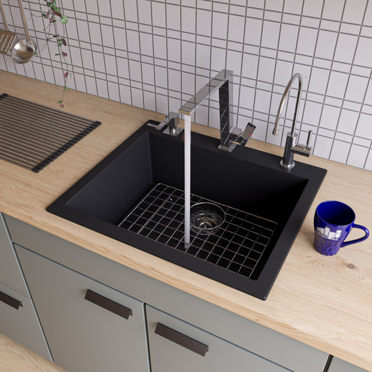 Black 24" Drop-In Single Bowl Granite Composite Kitchen Sink