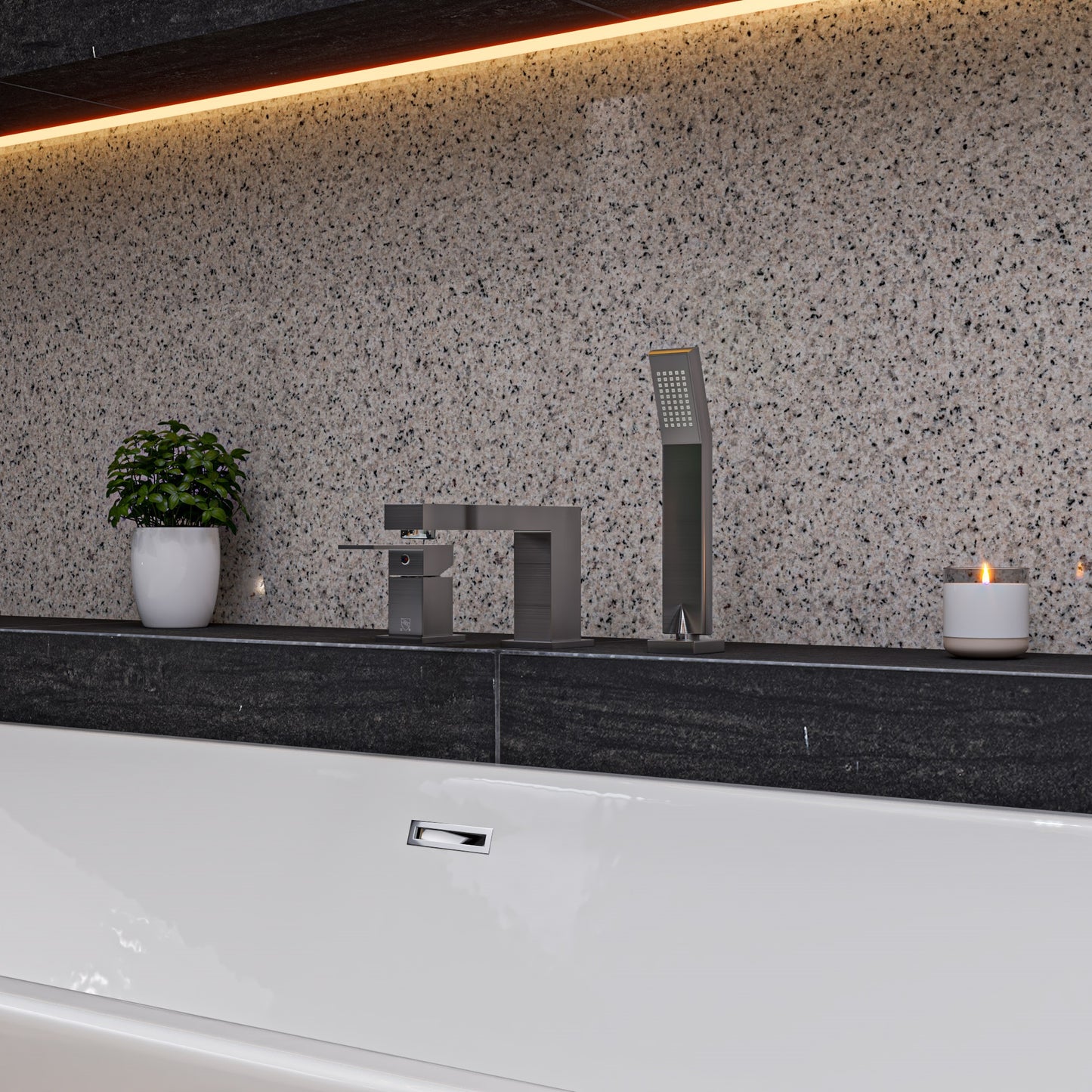 Brushed Nickel Deck Mounted Tub Filler and Square Hand Held Shower Head