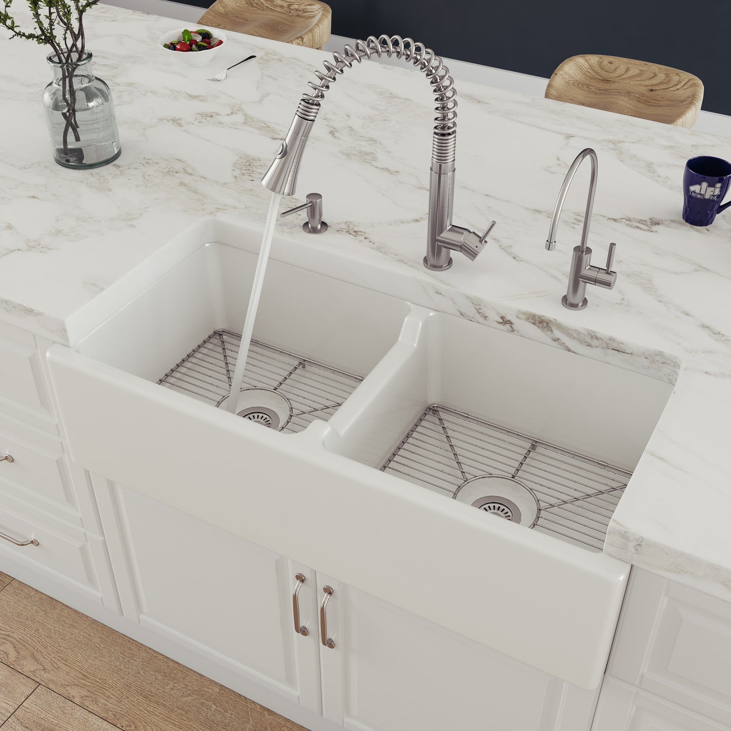 39" White Smooth Apron Thick Wall Fireclay Double Bowl Farm Sink