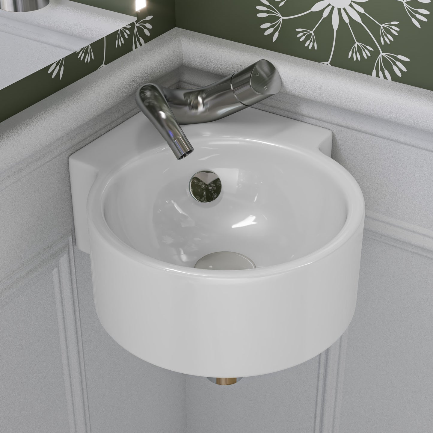 White 17" Tiny Corner Wall Mounted Ceramic Sink with Faucet Hole