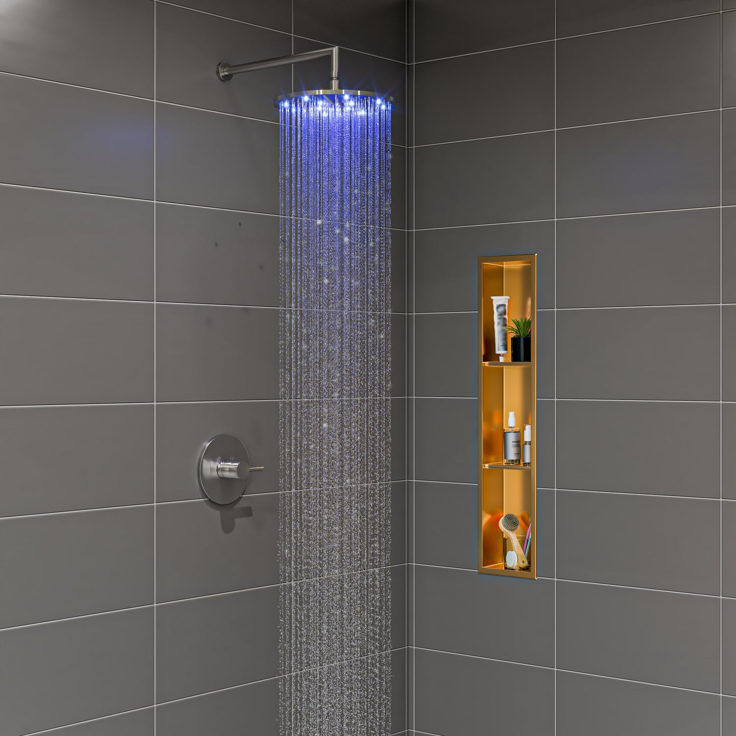 Brushed Nickel 12" Round Multi Color LED Rain Shower Head