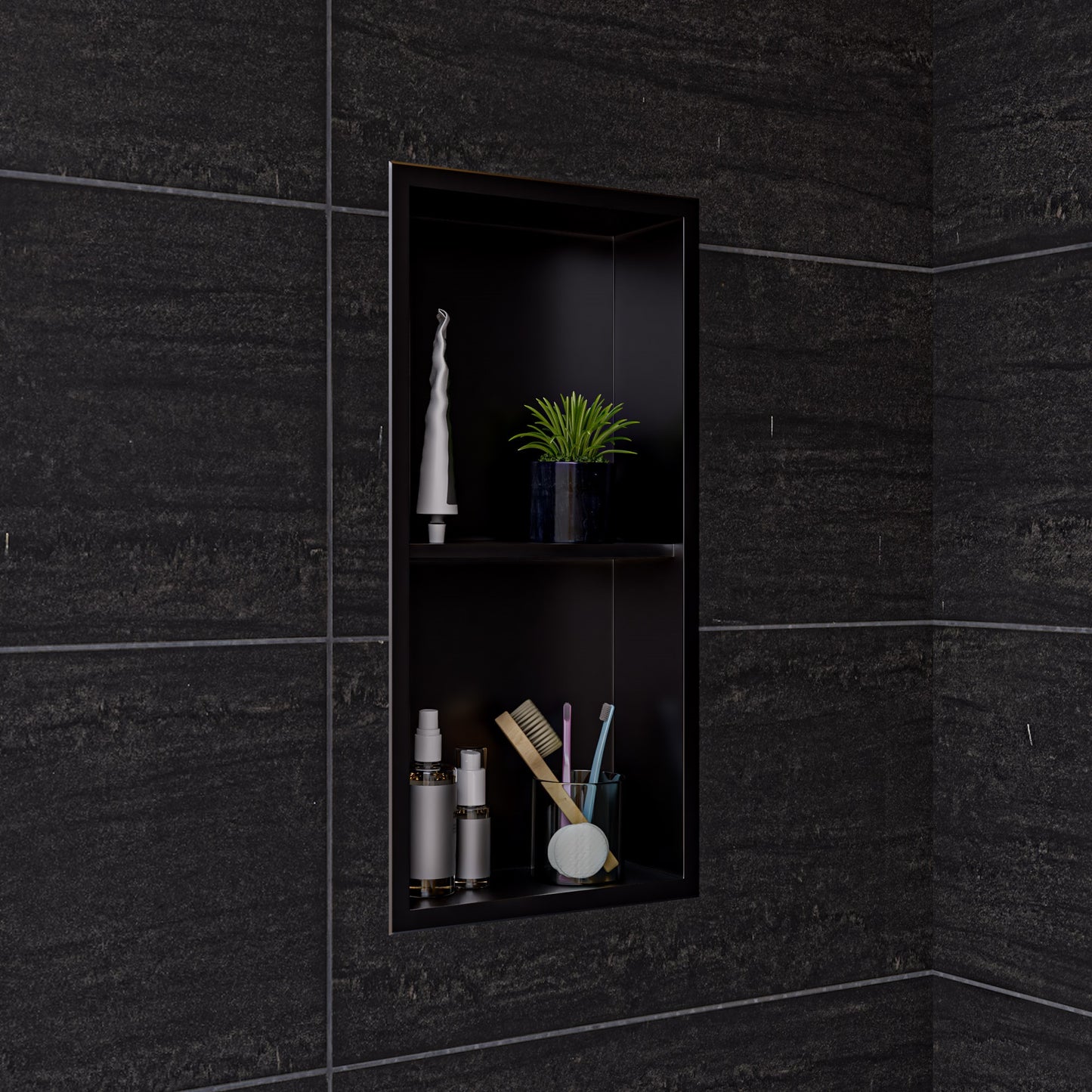 12" x 24" Brushed Black PVD Stainless Steel Vertical Double Shelf Shower Niche