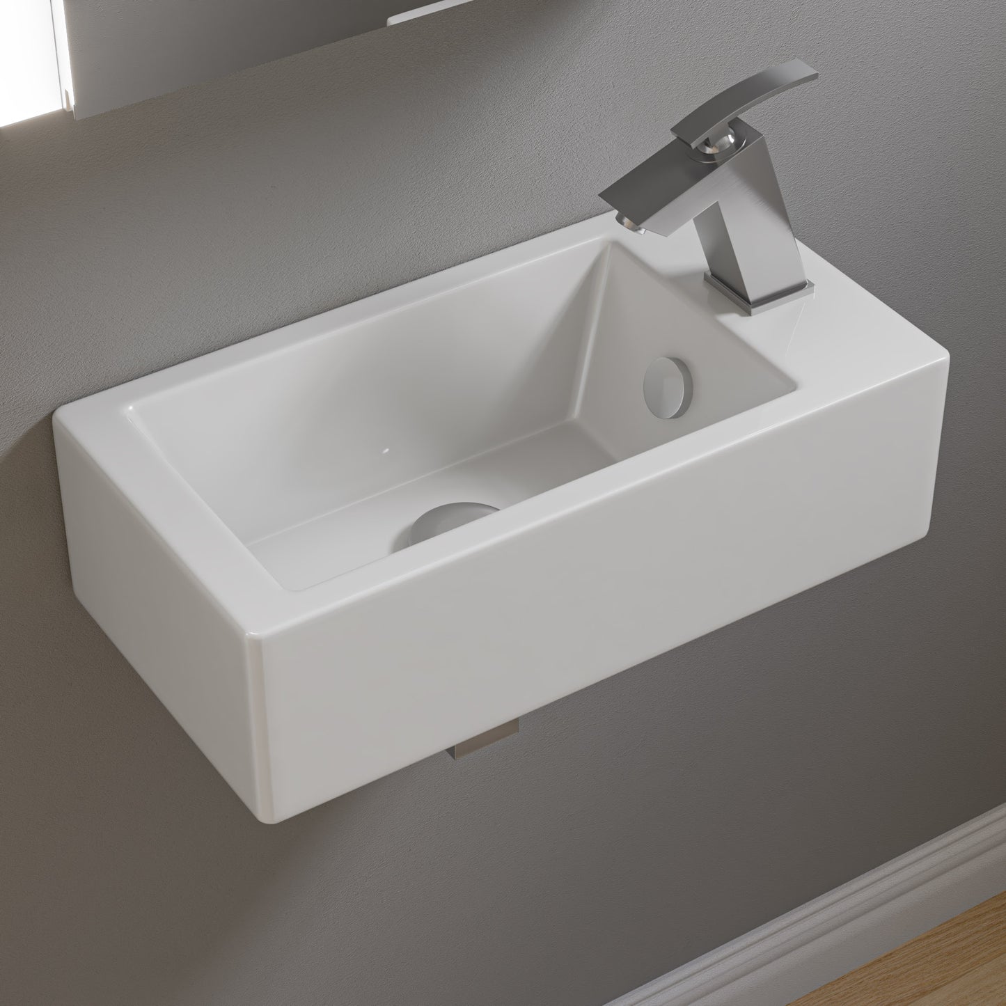 White 20" Small Rectangular Wall Mounted Ceramic Sink with Faucet Hole