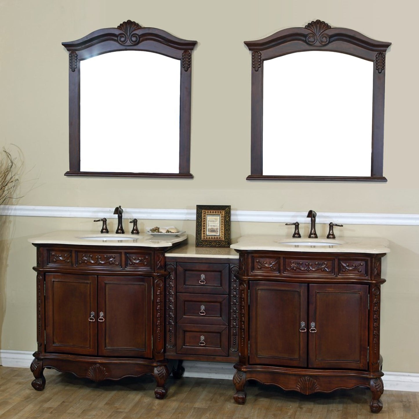82.7" Double sink vanity walnut cream marble
