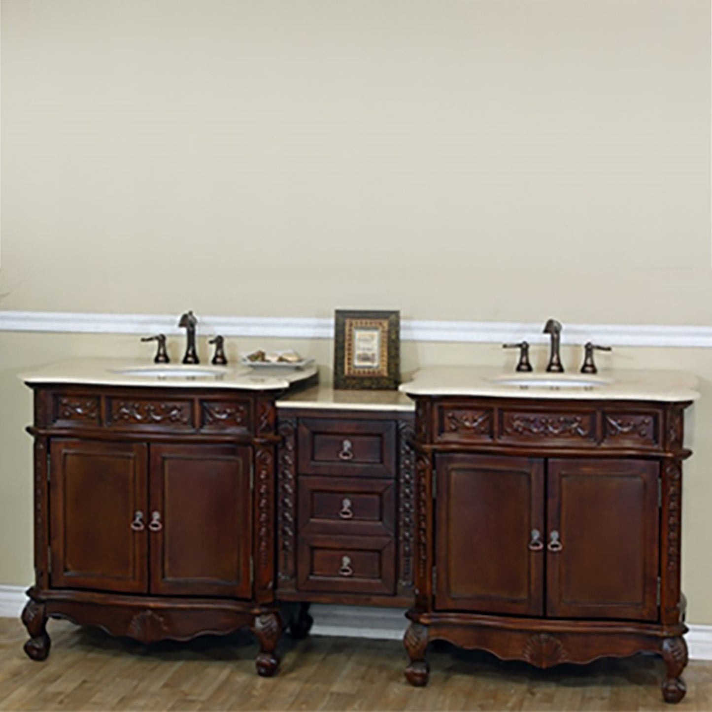 82.7" Double sink vanity walnut cream marble