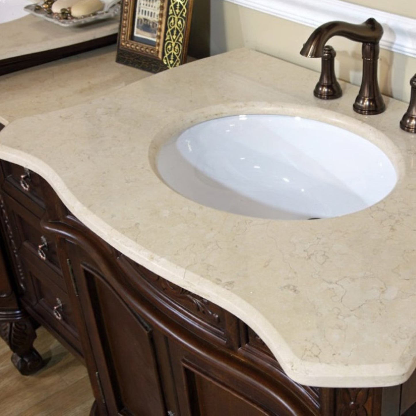 82.7" Double sink vanity walnut cream marble