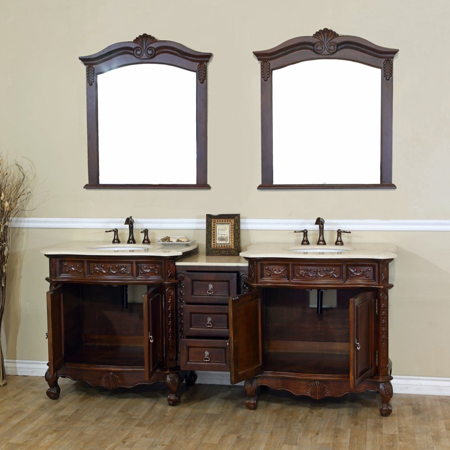 82.7" Double sink vanity walnut cream marble