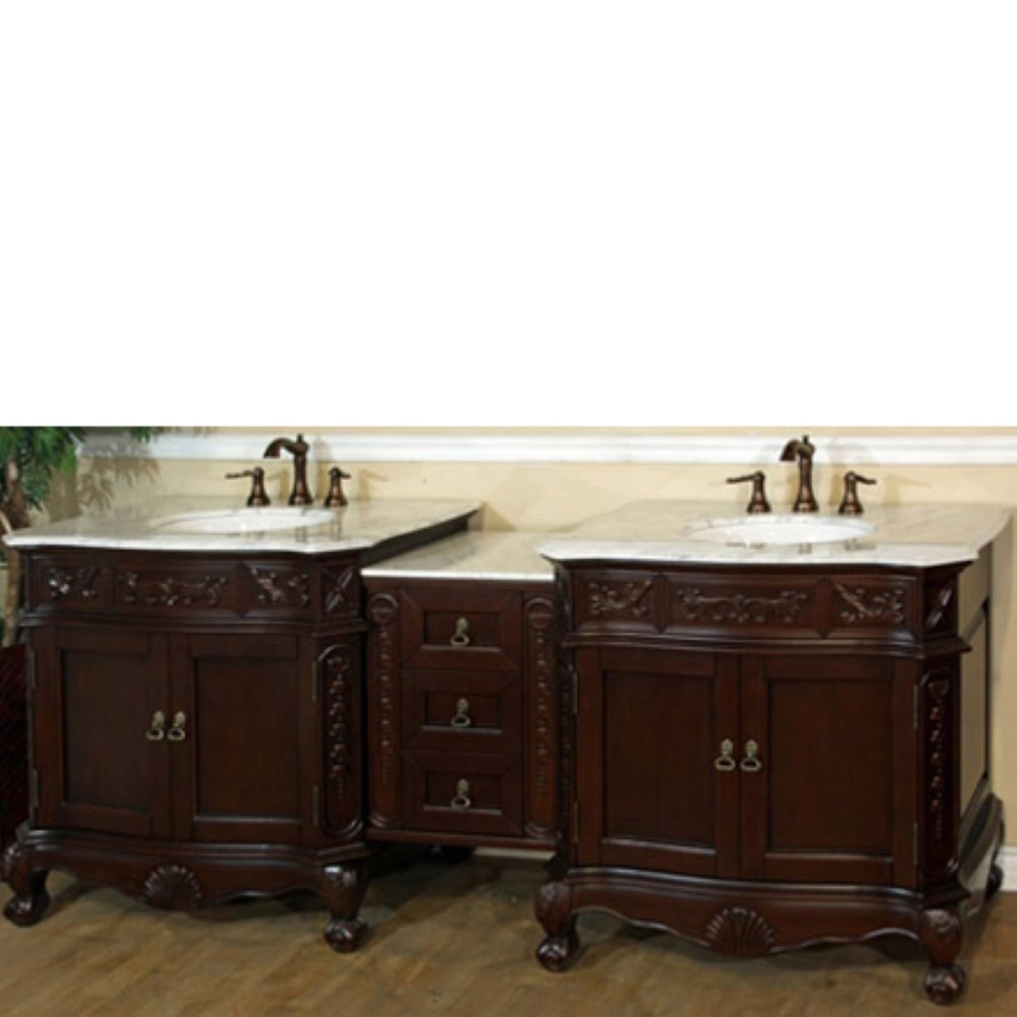 82.7" Double sink vanity walnut white marble