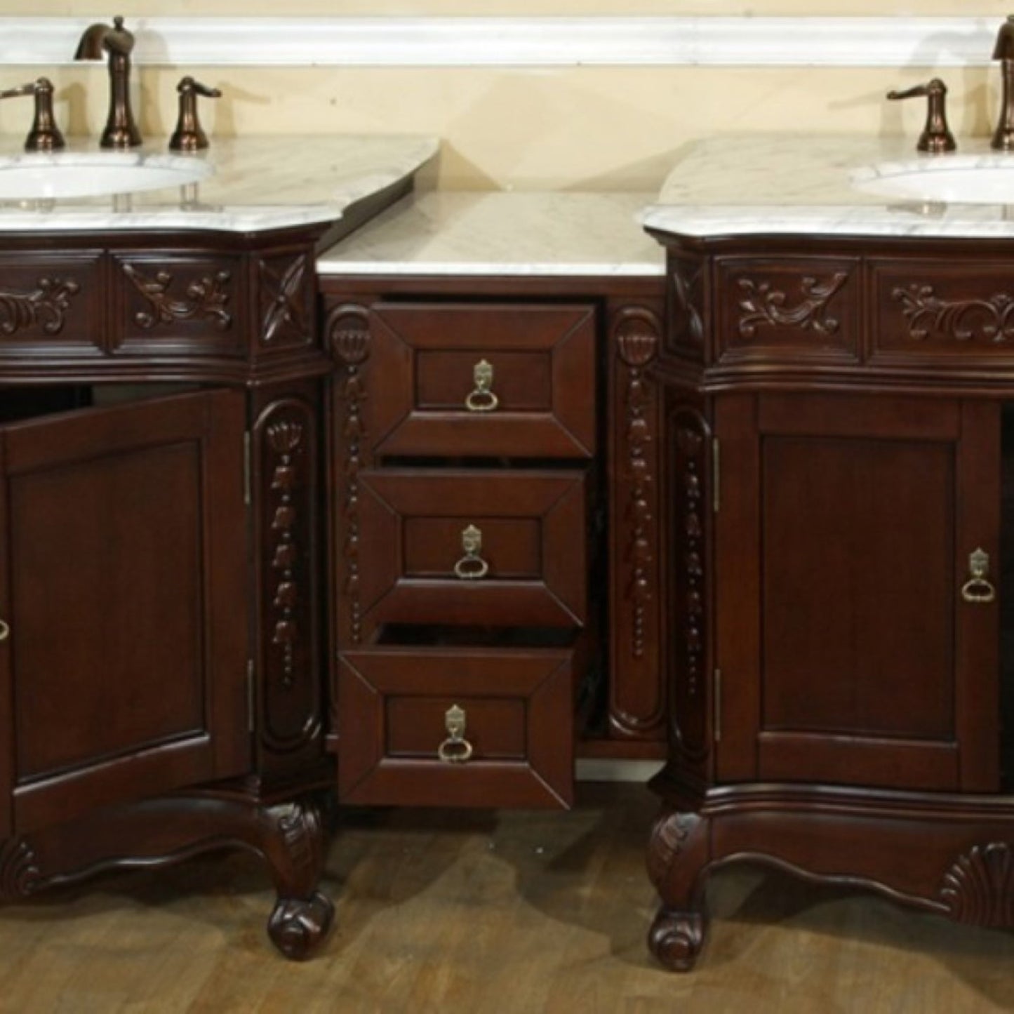 82.7" Double sink vanity walnut white marble