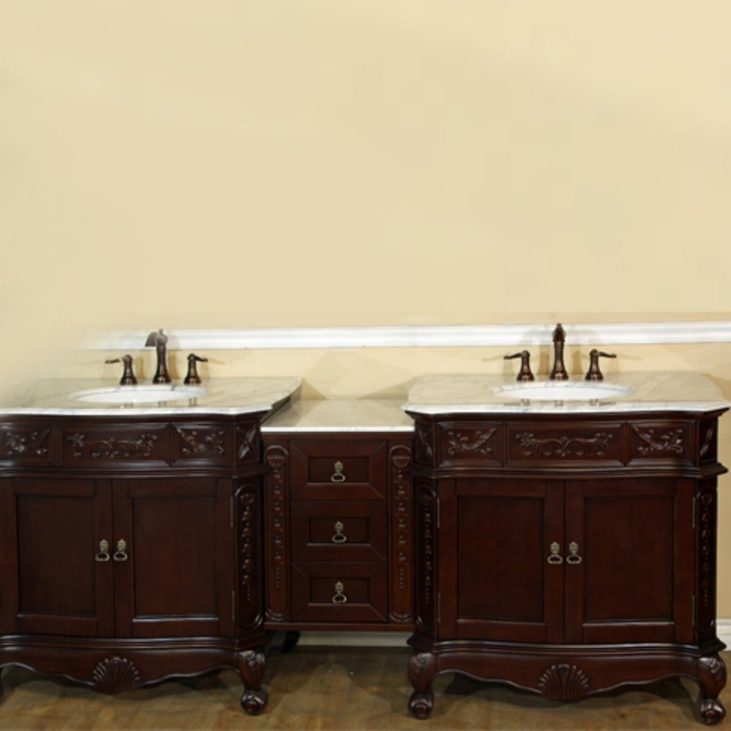 82.7" Double sink vanity walnut white marble
