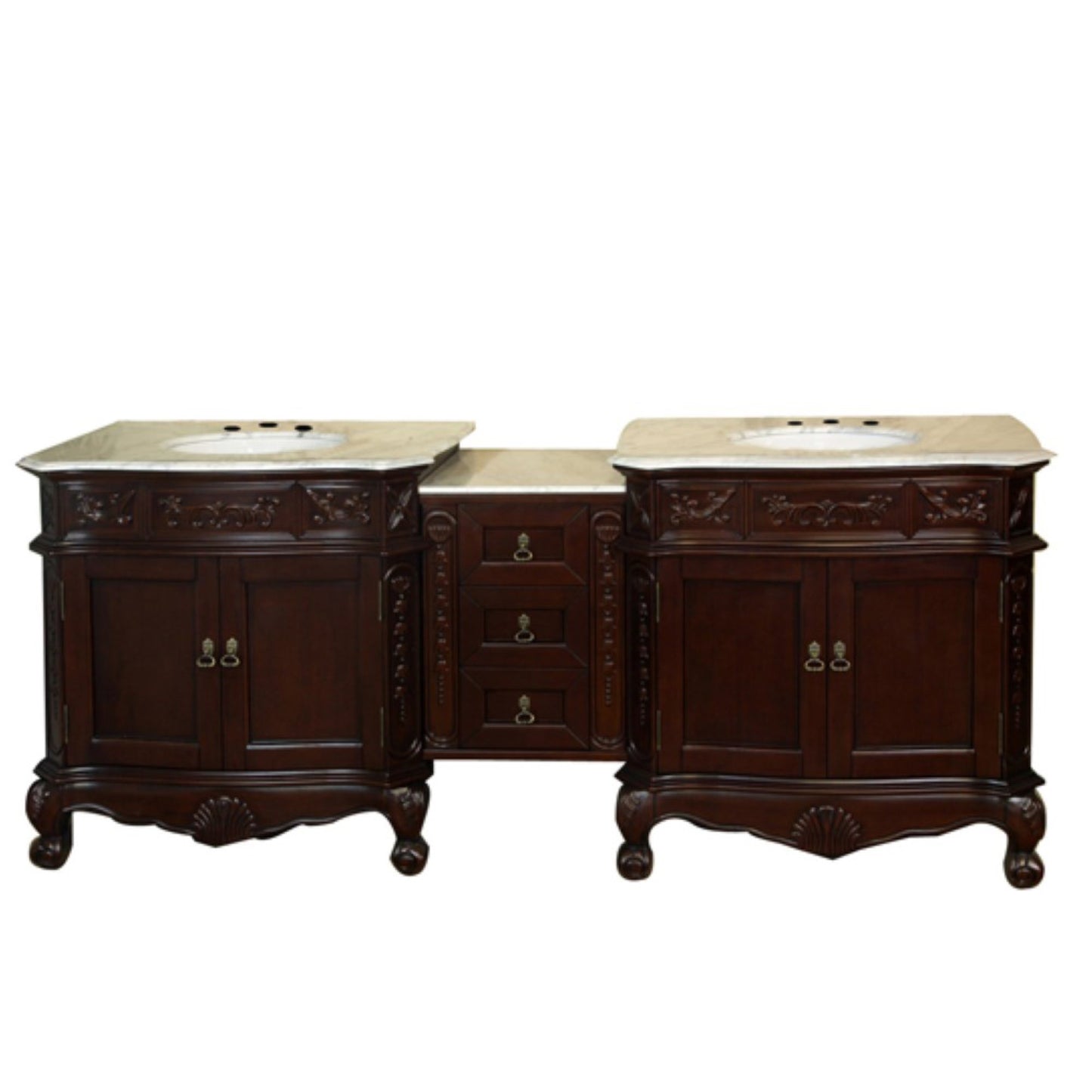 82.7" Double sink vanity walnut white marble