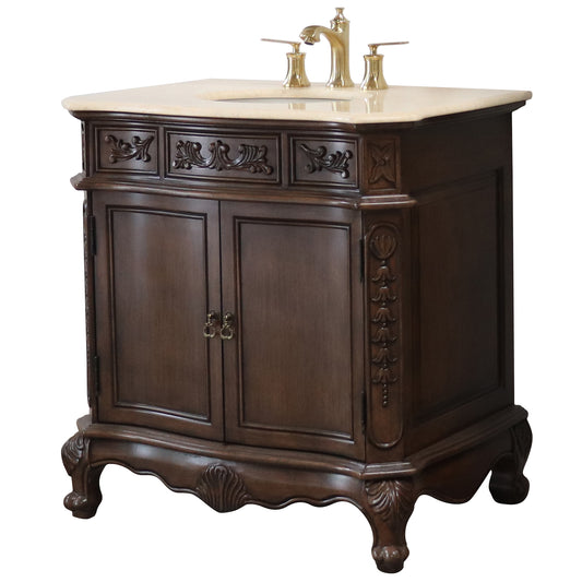 34.6" Single sink vanity wood walnut cream marble