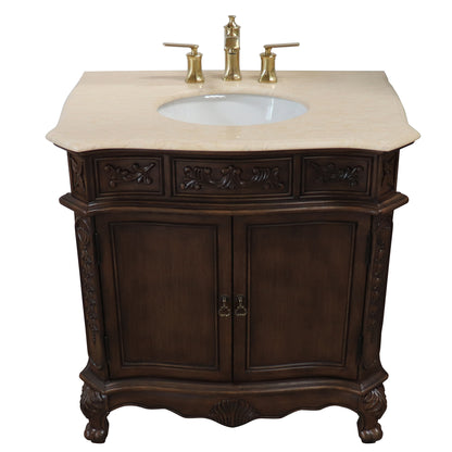 34.6" Single sink vanity wood walnut cream marble