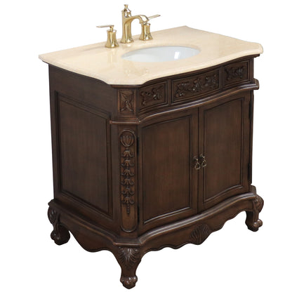 34.6" Single sink vanity wood walnut cream marble