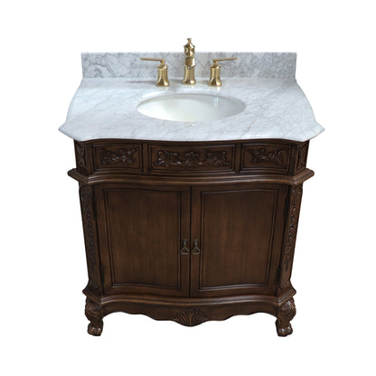 34.6" Single sink vanity wood walnut carrara white marble