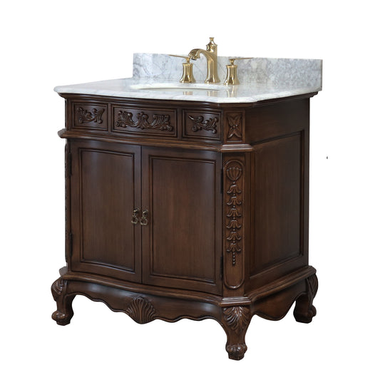34.6" Single sink vanity wood walnut carrara white marble