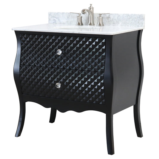 36" Single sink vanity wood black white Carrara marble top with oval sink
