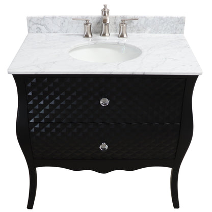 36" Single sink vanity wood black white Carrara marble top with oval sink