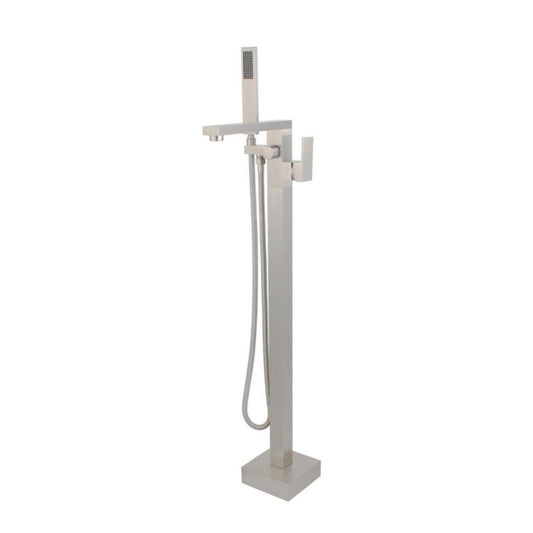 Single Handle Floor Mount Freestanding Tub Faucet with Hand Shower in Brushed Nickel