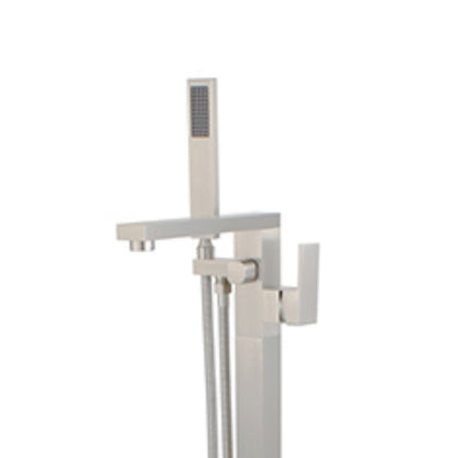 Single Handle Floor Mount Freestanding Tub Faucet with Hand Shower in Brushed Nickel