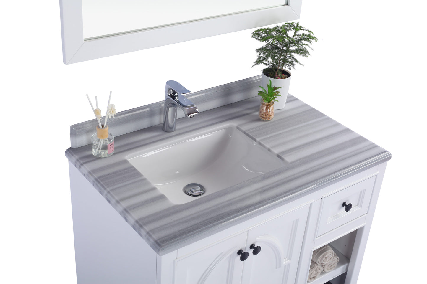 Odyssey 36" Single Hole White Stripes Marble Countertop with Left Offset Rectangular Ceramic Sink