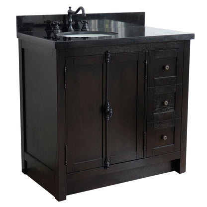 37" Single vanity in Brown Ash finish with Black galaxy top and oval sink Left doors/Left sink