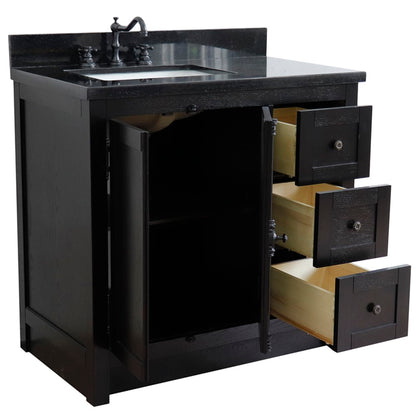 37" Single vanity in Brown Ash finish with Black galaxy top and rectangle sink Left doors/Left sink