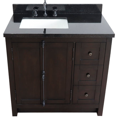 37" Single vanity in Brown Ash finish with Black galaxy top and rectangle sink Left doors/Left sink