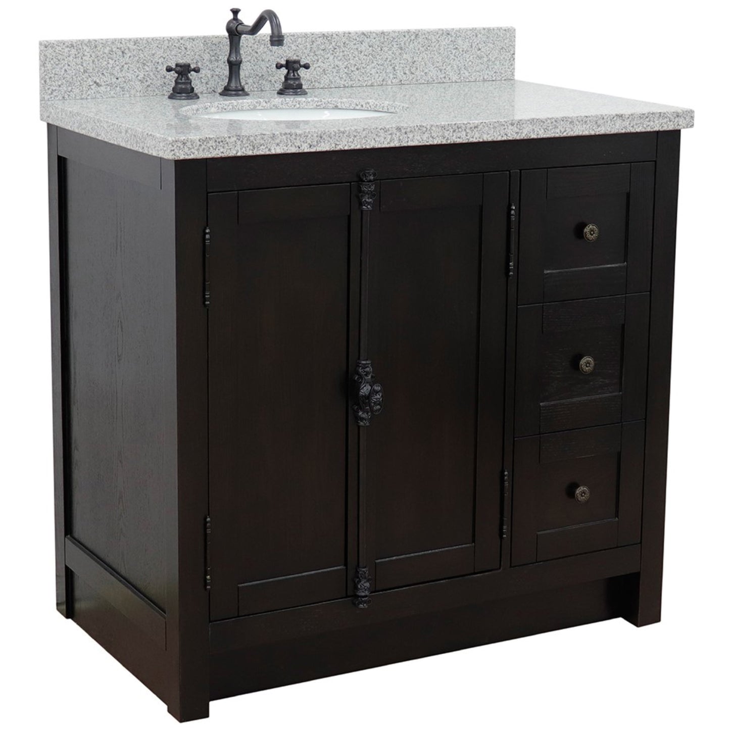 37" Single vanity in Brown Ash finish with Gray granite top and oval sink Left doors/Left sink