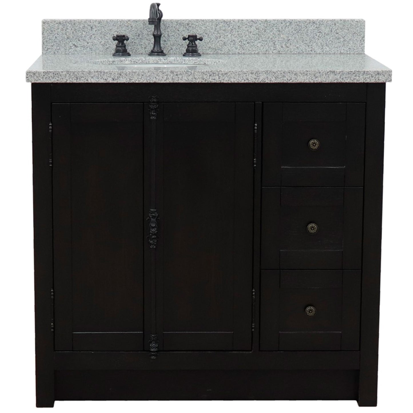 37" Single vanity in Brown Ash finish with Gray granite top and oval sink Left doors/Left sink