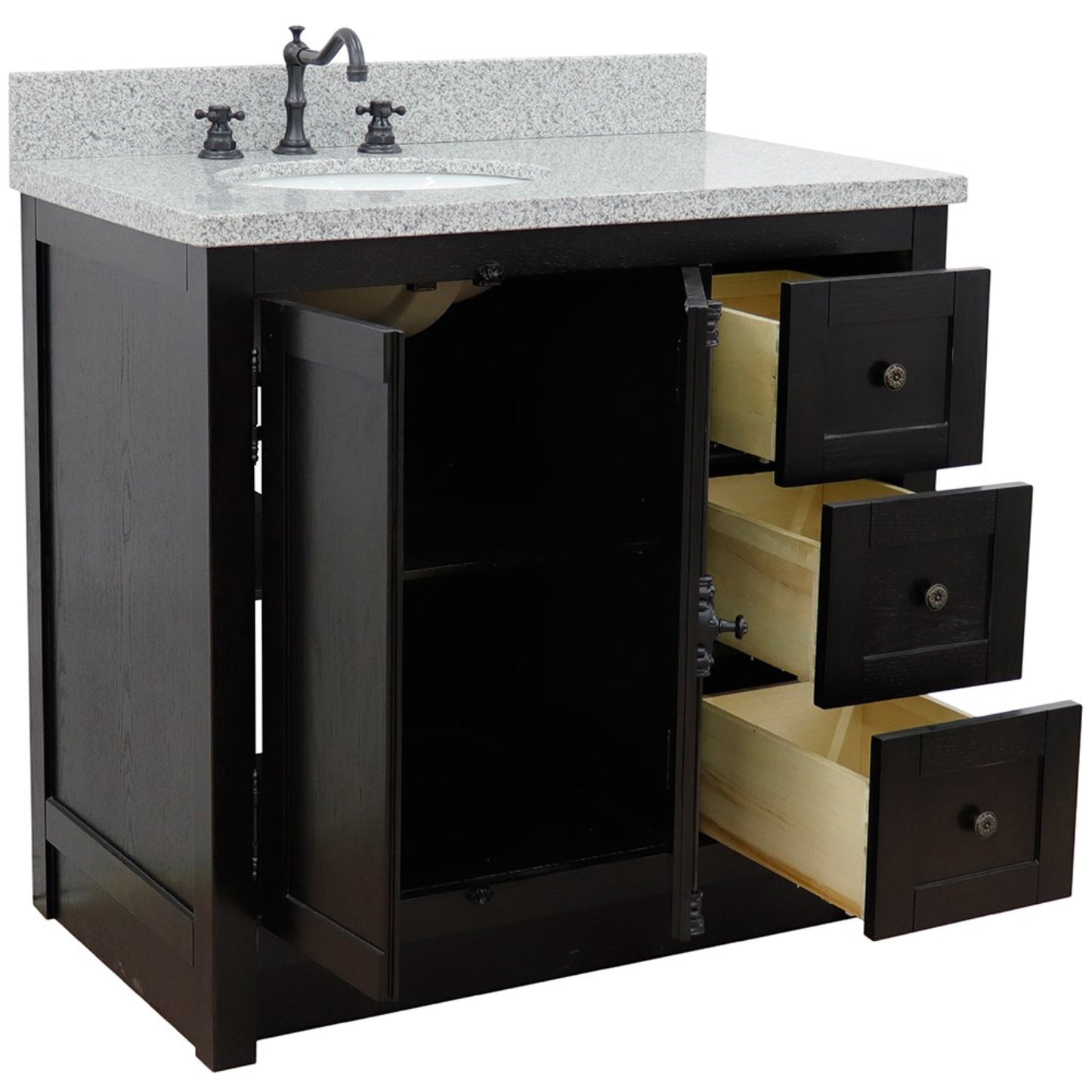 37" Single vanity in Brown Ash finish with Gray granite top and oval sink Left doors/Left sink