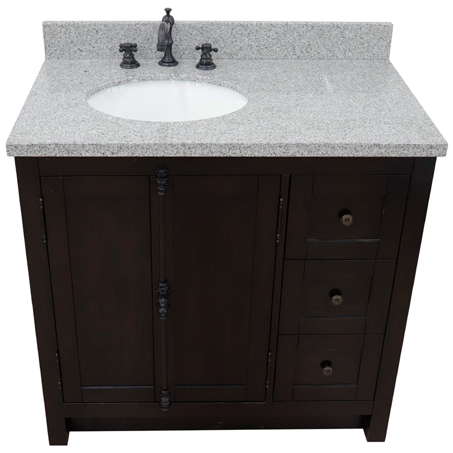37" Single vanity in Brown Ash finish with Gray granite top and oval sink Left doors/Left sink