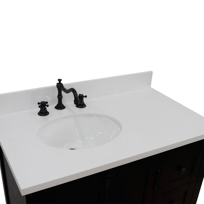 37" Single vanity in Brown Ash finish with White engineered stone top and oval sink Left doors/Left sink