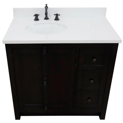 37" Single vanity in Brown Ash finish with White engineered stone top and oval sink Left doors/Left sink