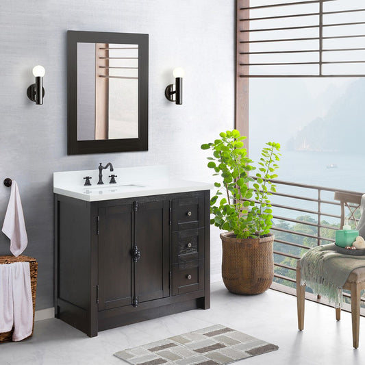 37" Single vanity in Brown Ash finish with White engineered stone top and rectangle sink Left doors/Left sink