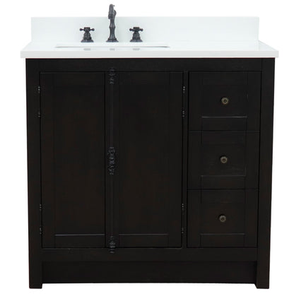 37" Single vanity in Brown Ash finish with White engineered stone top and rectangle sink Left doors/Left sink